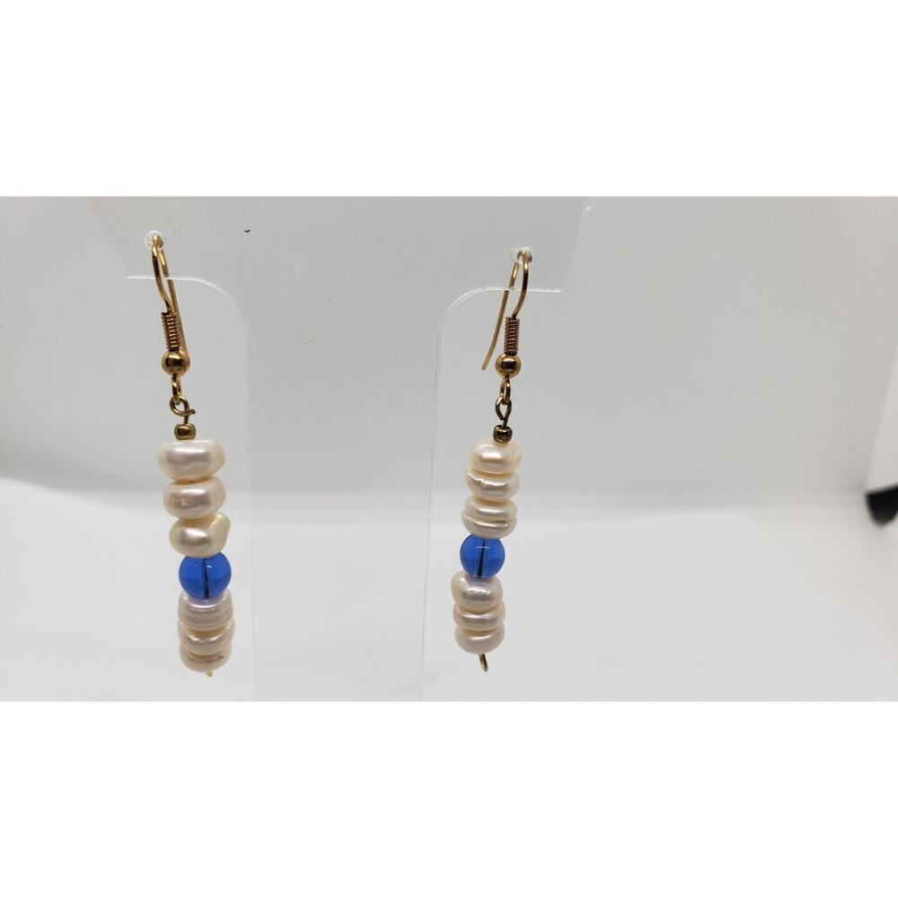 Vintage handmade Genuine Pearl Earrings Long Dangle Freshwater & Blue Glass - Picture 2 of 6